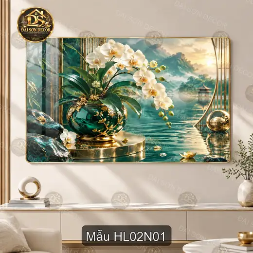 Tranh tráng gương Hoa lan 002 phong cảnh sơn thủy bình lan trắng decor phòng khách