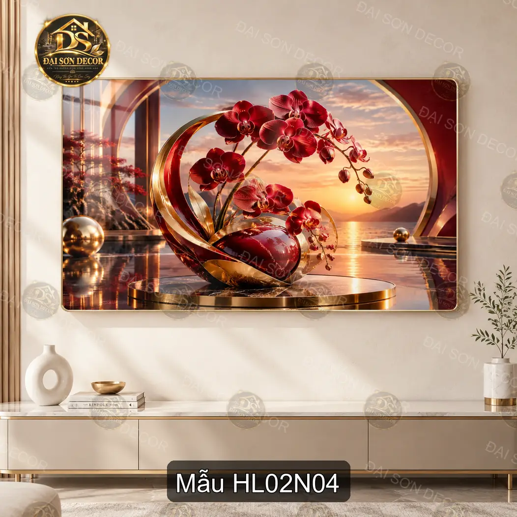 Tranh tráng gương Hoa lan 002 phong cảnh sơn thủy bình lan trắng decor phòng khách