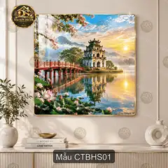Tranh tráng gương vuông Chùa tháp bên hồ sen, tranh decor phong cảnh trang trí phòng khách