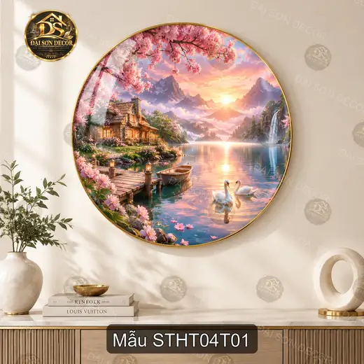 Tranh tròn tráng gương Sơn thủy hữu tình 004 hồ sen thiên nga decor phòng khách