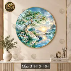 Tranh tròn tráng gương Sơn thủy hữu tình 004 hồ sen thiên nga decor phòng khách