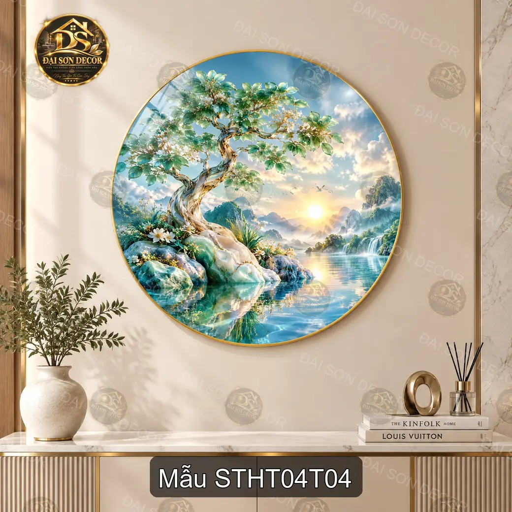 Tranh tròn tráng gương Sơn thủy hữu tình 004 hồ sen thiên nga decor phòng khách