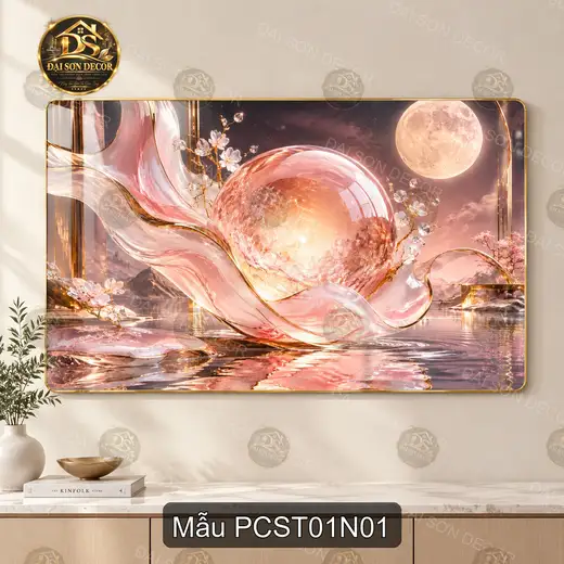 Tranh tráng gương phong cảnh siêu thực quả cầu ánh trăng hoa anh đào decor phòng khách