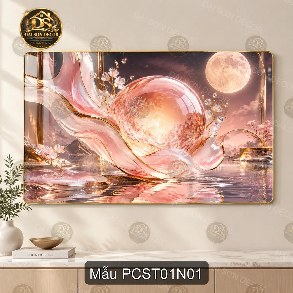 Tranh tráng gương phong cảnh siêu thực quả cầu ánh trăng hoa anh đào decor phòng khách