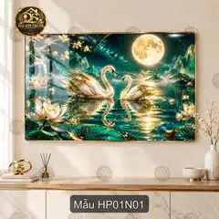 Tranh tráng gương Hạnh phúc 001 đôi thiên nga hồ sen dưới trăng decor phòng khách