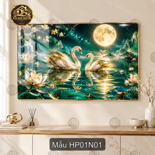 Tranh tráng gương Hạnh phúc 001 đôi thiên nga hồ sen dưới trăng decor phòng khách