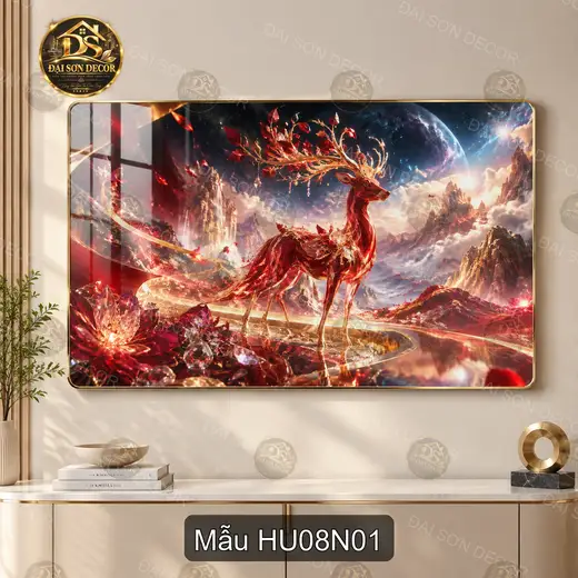 Tranh tráng gương Hươu 008 nghệ thuật sắc đỏ decor phòng khách phòng làm việc sang trọng