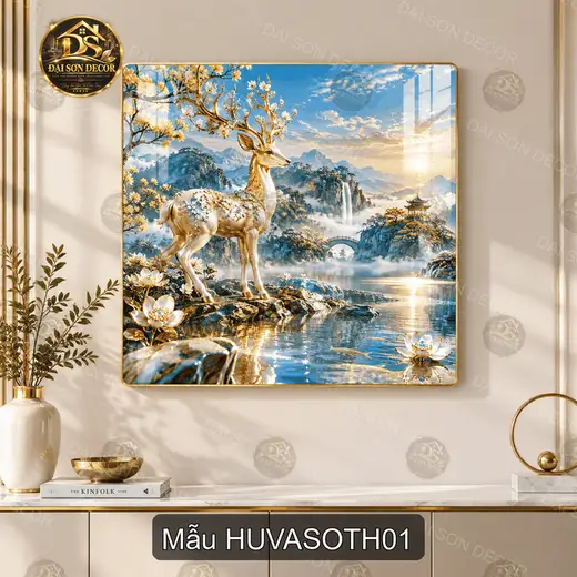 Tranh tráng gương Hươu vàng sơn thủy vuông decor phòng khách quà tặng tân gia sang trọng