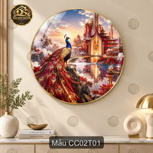 Tranh tráng gương tròn Chim công 002 decor phòng khách quà tặng trang trí sang trọng