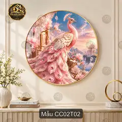Tranh tráng gương tròn Chim công 002 decor phòng khách quà tặng trang trí sang trọng