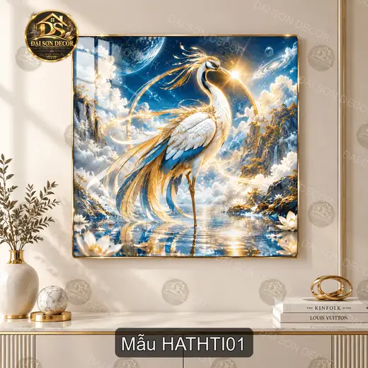 Tranh tráng gương Hạc thần tiên decor phòng khách, hình hạc trắng nghệ thuật, quà tặng ý nghĩa