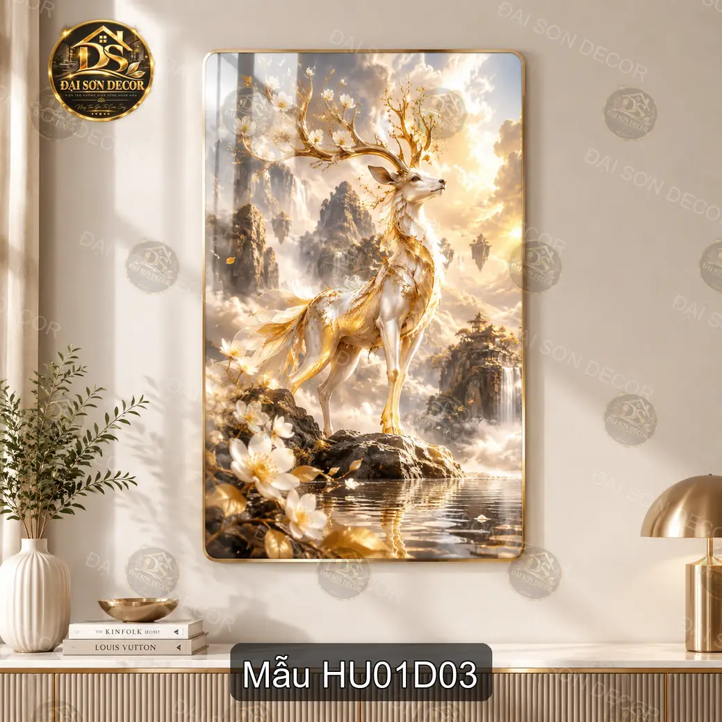 Tranh tráng gương hươu phong cảnh thư pháp sang trọng dễ phối nội thất phòng khách