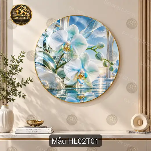 Tranh tráng gương tròn hoa lan decor phòng khách phòng làm việc sang trọng