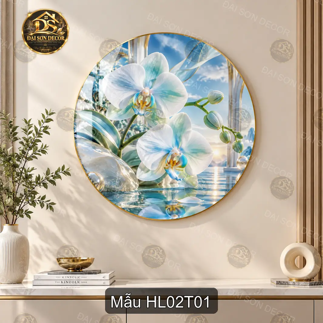 Tranh tráng gương tròn hoa lan decor phòng khách phòng làm việc sang trọng