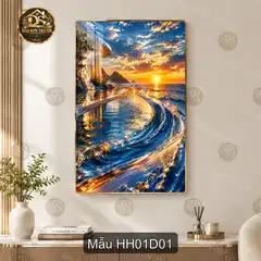 Tranh tráng gương Hoàng hôn 001 biển sóng nghệ thuật treo dọc trang trí phòng khách
