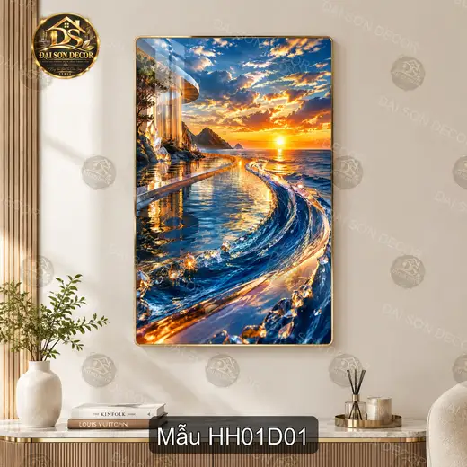 Tranh tráng gương Hoàng hôn 001 biển sóng nghệ thuật treo dọc trang trí phòng khách