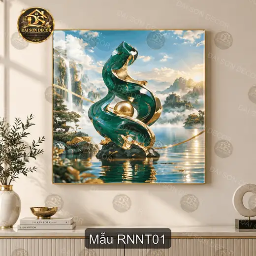 Tranh tráng gương vuông Rắn ngọc nghệ thuật decor phòng khách sang trọng RNNT01