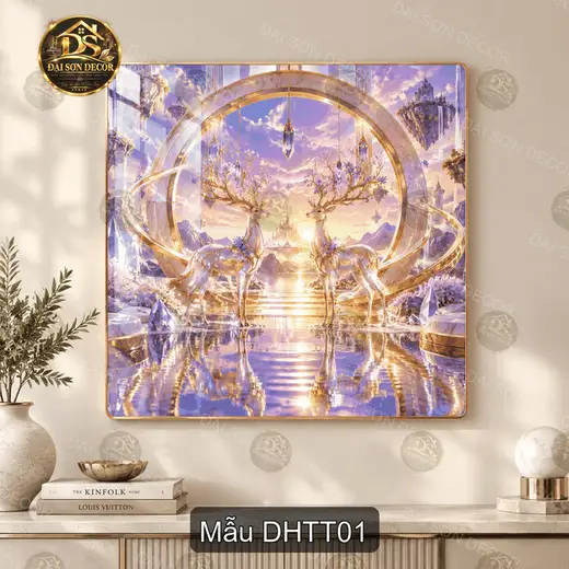 Tranh tráng gương đôi hươu thần tiên decor phòng khách phong cách nghệ thuật