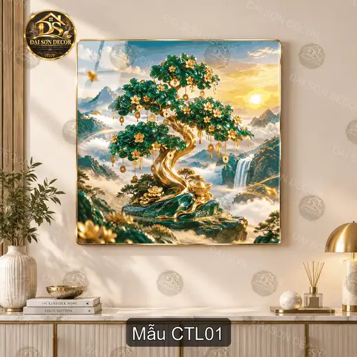 Tranh tráng gương cây tài lộc phong thủy decor phòng khách, quà tặng tân gia sang trọng CTL01
