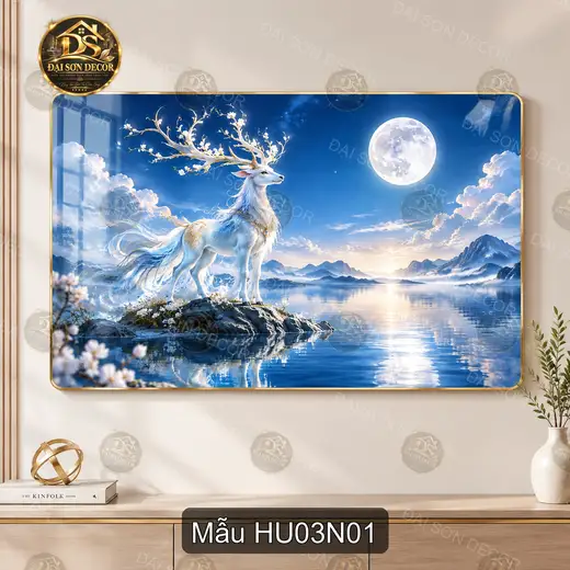 Tranh tráng gương Hươu 003 phong cảnh hươu dưới trăng decor treo tường hiện đại sáng đẹp
