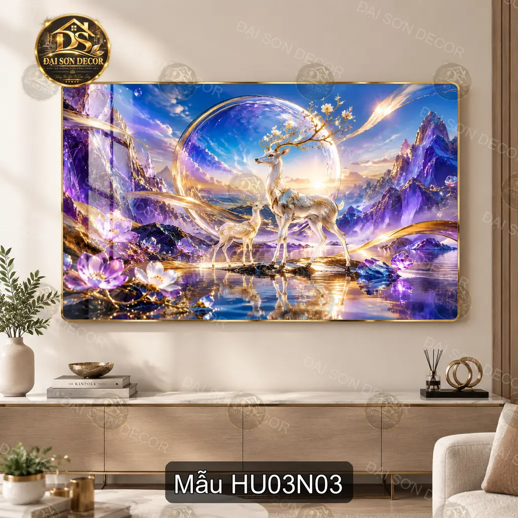 Tranh tráng gương Hươu 003 phong cảnh hươu dưới trăng decor treo tường hiện đại sáng đẹp