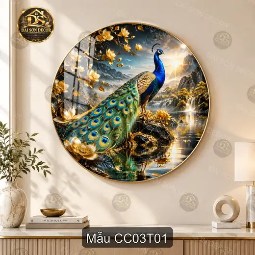 Tranh tráng gương tròn chim công 003 hiện đại decor treo tường phòng khách sáng đẹp