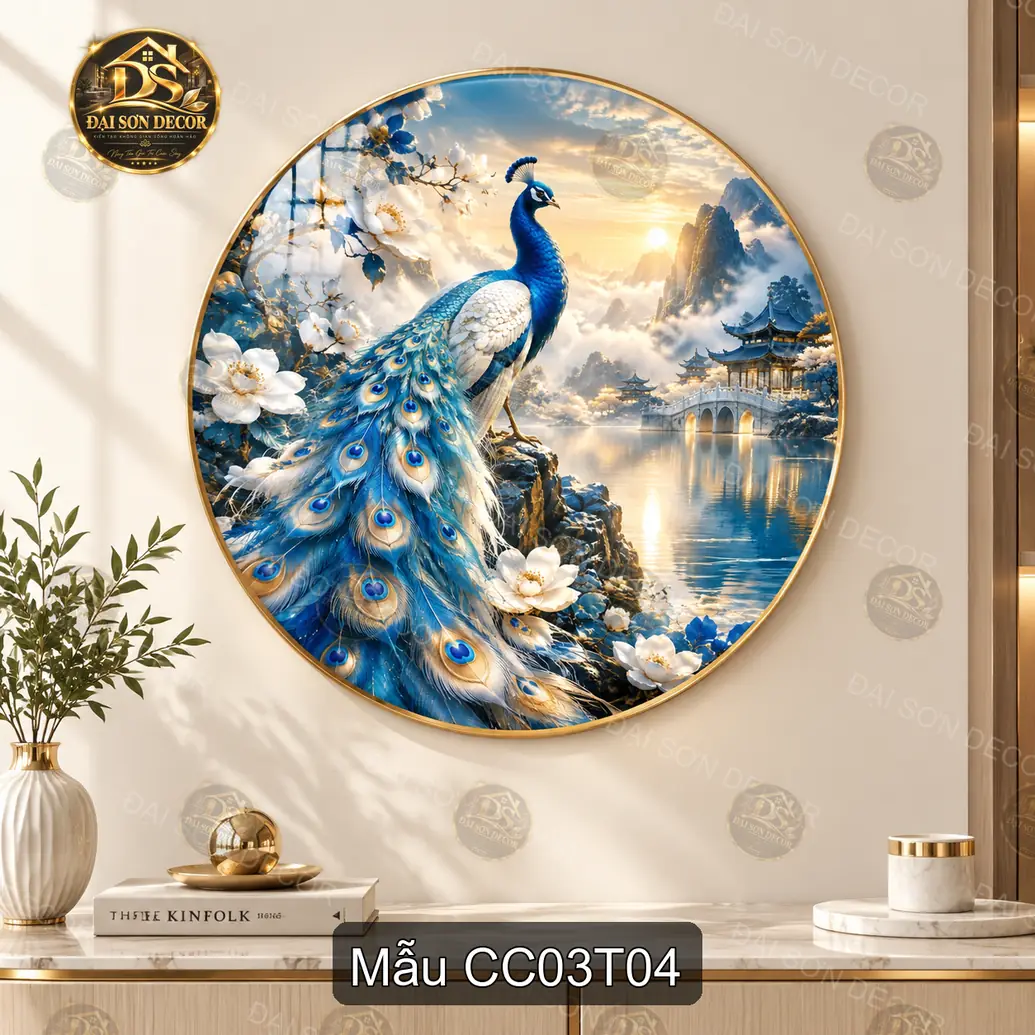Tranh tráng gương tròn chim công 003 hiện đại decor treo tường phòng khách sáng đẹp