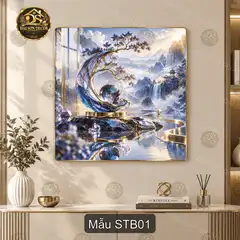 Tranh tráng gương sơn thủy bonsai phong cảnh treo tường decor phòng khách sang trọng