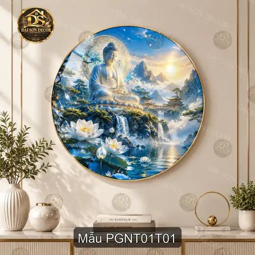 Tranh tròn tráng gương Phật giáo nghệ thuật 001 tượng Phật hoa sen núi nước decor phòng khách