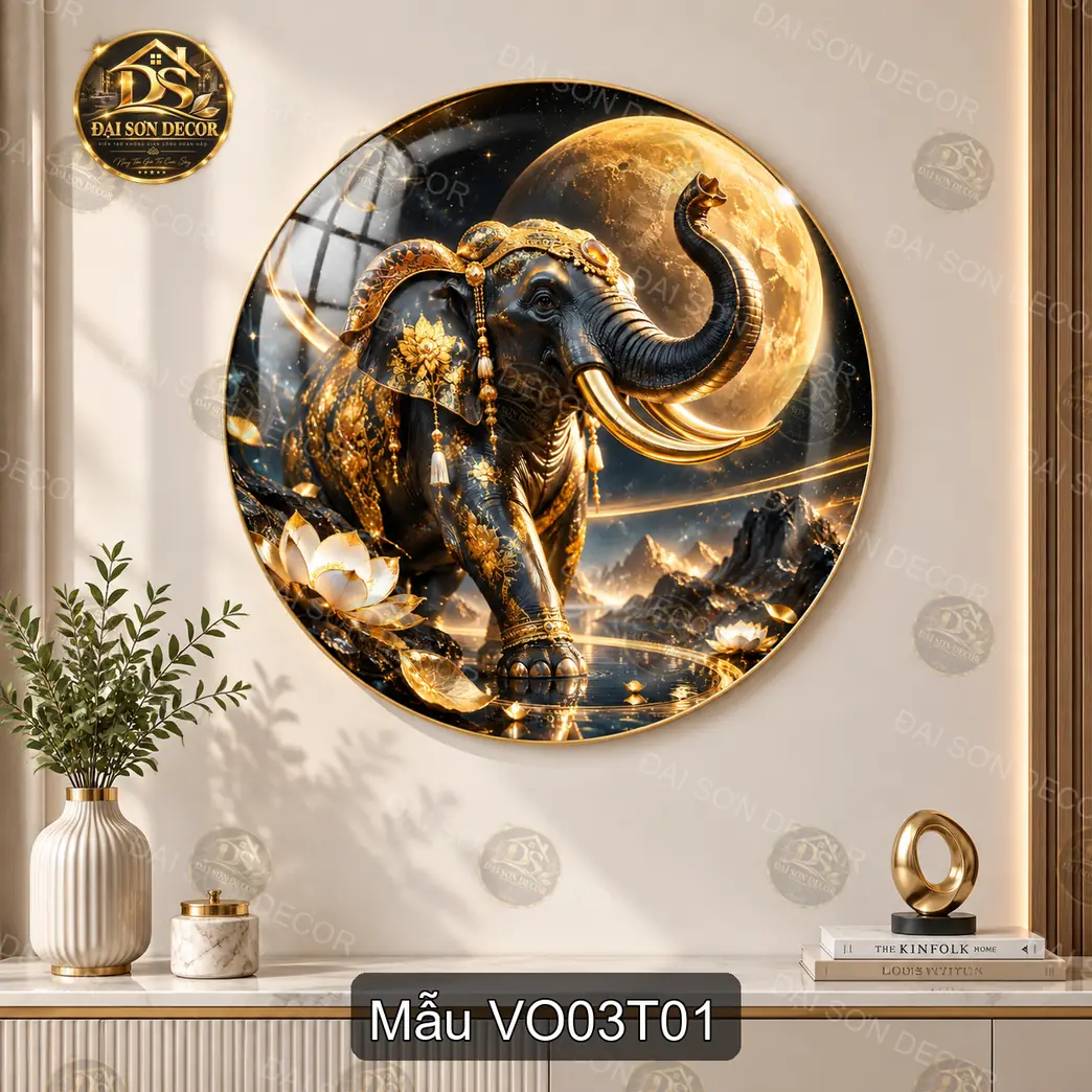 Tranh tròn tráng gương voi phong thủy Voi 003 decor tường hiện đại sáng đẹp