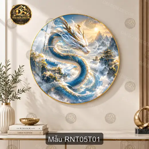 Tranh tròn tráng gương Rồng nghệ thuật 005 phong cách Á Đông decor phòng khách sang trọng