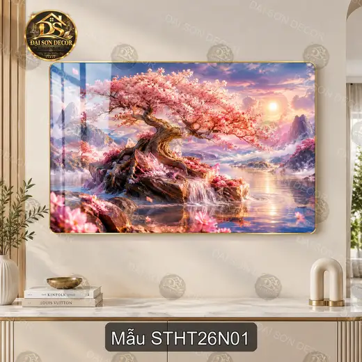 Tranh tráng gương sơn thủy hữu tình 026 cây hoa đào bên hồ decor tường hiện đại