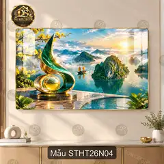 Tranh tráng gương sơn thủy hữu tình 026 cây hoa đào bên hồ decor tường hiện đại