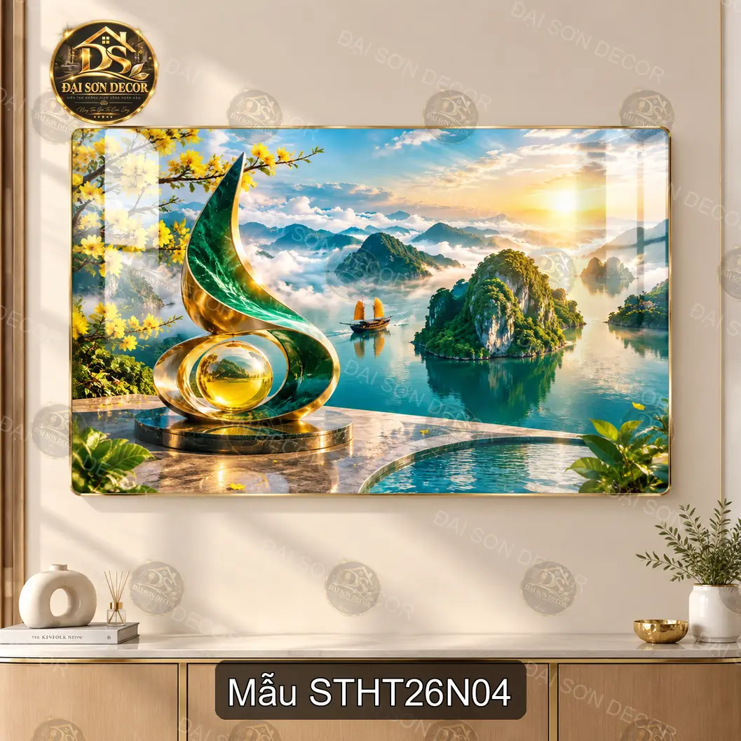 Tranh tráng gương sơn thủy hữu tình 026 cây hoa đào bên hồ decor tường hiện đại