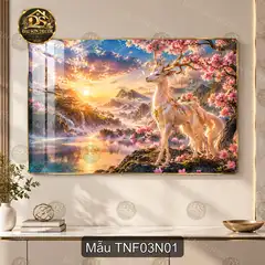 Tranh tráng gương Thiên nhiên fantasy 003 hươu thần bên hồ hoa anh đào decor phòng khách