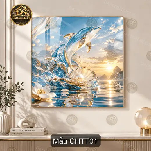 Tranh tráng gương cá heo thần thoại trang trí phòng khách hình đại dương quà tặng