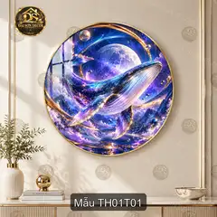 Tranh tráng gương tròn Thiên hà cá voi nghệ thuật decor phòng khách sang trọng