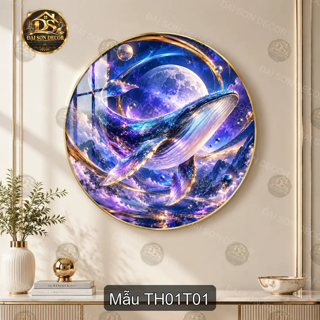 Tranh tráng gương tròn Thiên hà cá voi nghệ thuật decor phòng khách sang trọng