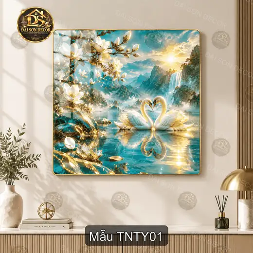 Tranh tráng gương Thiên nga tình yêu vuông decor phòng khách quà tặng ý nghĩa