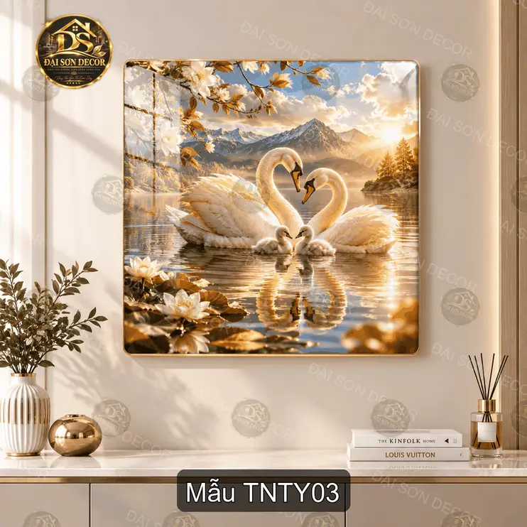Tranh tráng gương Thiên nga tình yêu vuông decor phòng khách quà tặng ý nghĩa
