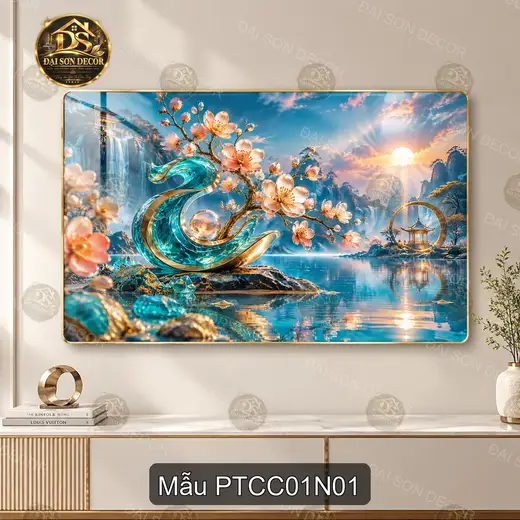 Tranh tráng gương Phong thủy cao cấp 001 cá chép hoa đào decor phòng khách quà tặng