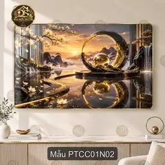 Tranh tráng gương Phong thủy cao cấp 001 cá chép hoa đào decor phòng khách quà tặng