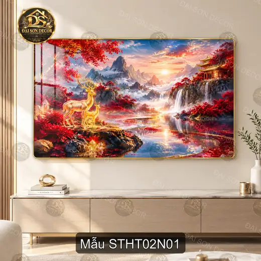 Tranh tráng gương Sơn thủy hữu tình 002 nai vàng thác nước núi non decor phòng khách