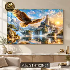 Tranh tráng gương Sơn thủy hữu tình 002 nai vàng thác nước núi non decor phòng khách