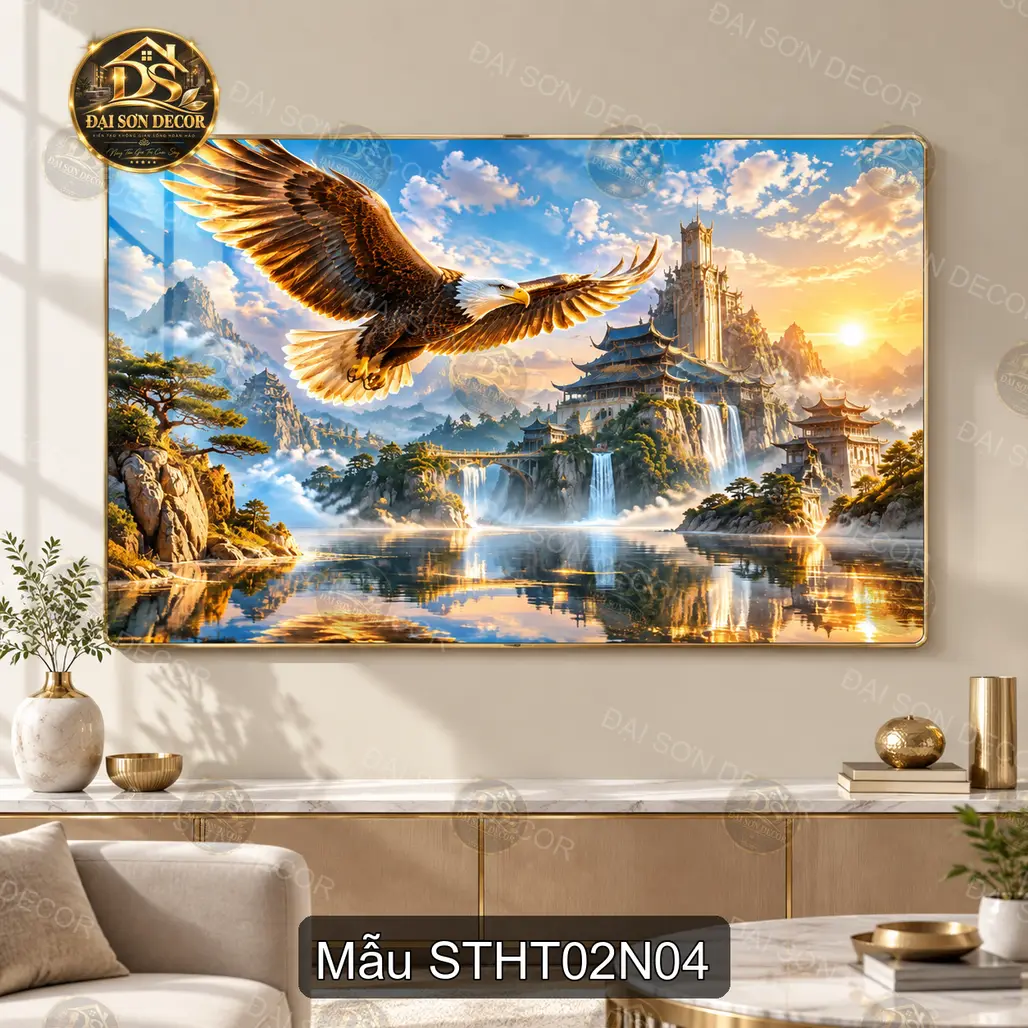 Tranh tráng gương Sơn thủy hữu tình 002 nai vàng thác nước núi non decor phòng khách