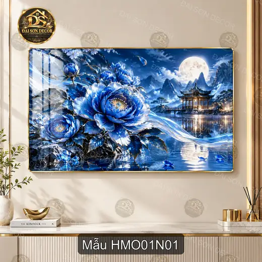 Tranh tráng gương Hoa mẫu đơn 001 xanh nghệ thuật decor phòng khách phòng làm việc