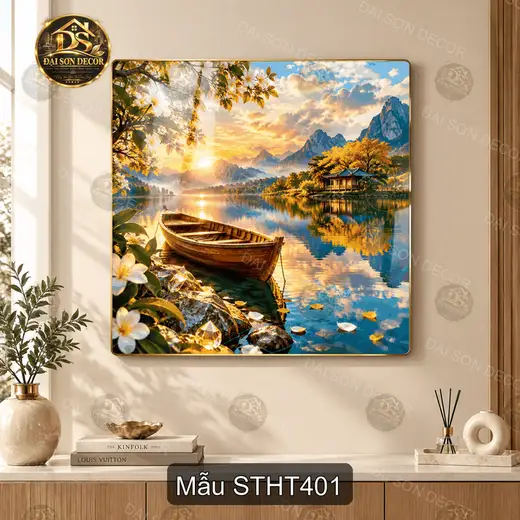 Tranh tráng gương Sơn thủy hữu tình vuông decor phòng khách sang trọng