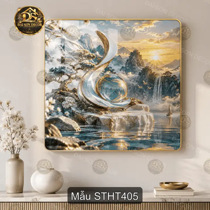 Tranh tráng gương Sơn thủy hữu tình vuông decor phòng khách sang trọng