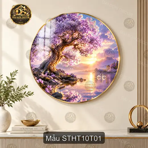 Tranh tròn tráng gương sơn thủy hữu tình cây hoa ven hồ decor phòng khách