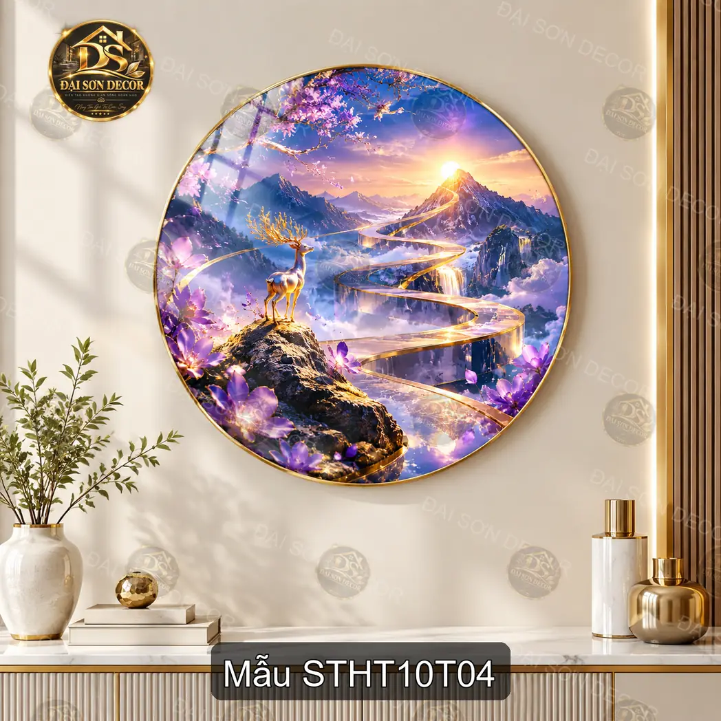 Tranh tròn tráng gương sơn thủy hữu tình cây hoa ven hồ decor phòng khách